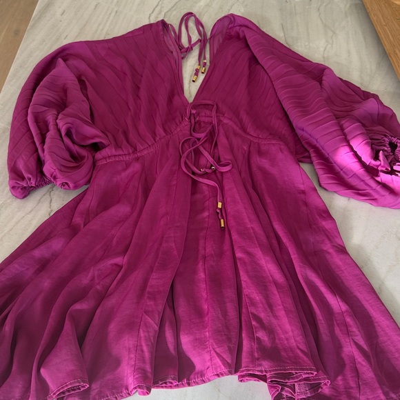 Free People Fuchsia Pleated Long Sleeve V-Neck Mini Dress size XS - Picture 2 of 6